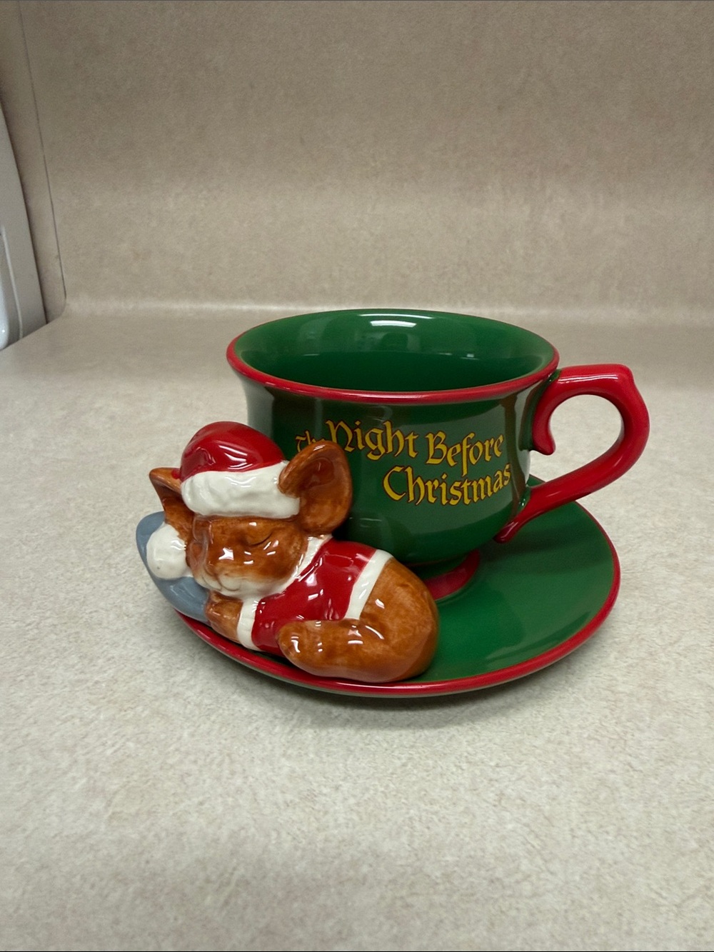 The Night Before Christmas Green & Red Holiday Teacup with Sleeping Fox Accent